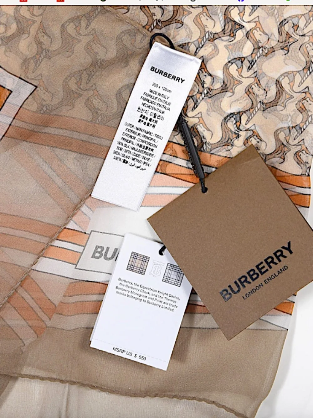 BURBERRY Silk Chiffon Unicorn Print Oblong Scarf Archive Beige